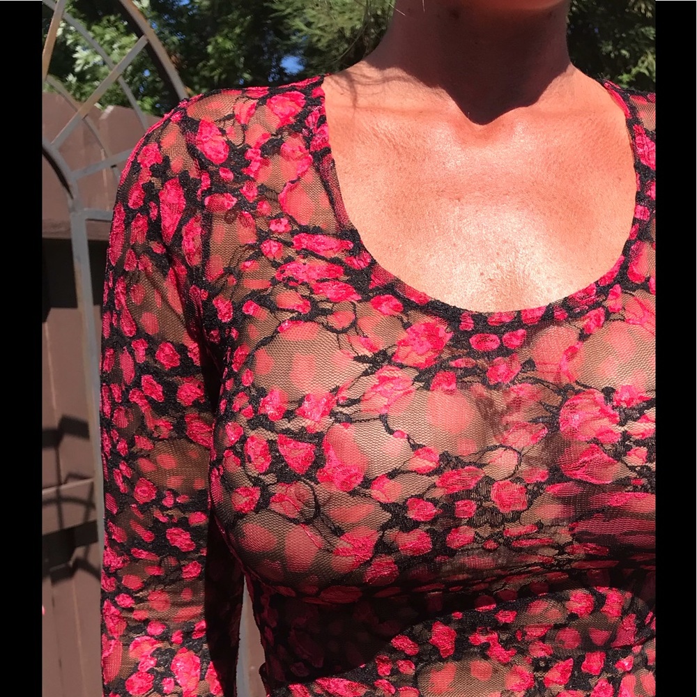 Sexy Lace Long Sleeve Red and Black Sheer Top